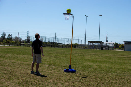 HART Big Blue Base Netball System with sturdy netball posts and blue base, suitable for outdoor or indoor courts.