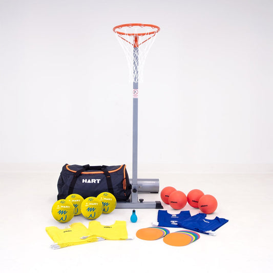 HART Netball Schools F2 Starter Pack with netball accessories including balls, cones, and training equipment for beginners.
