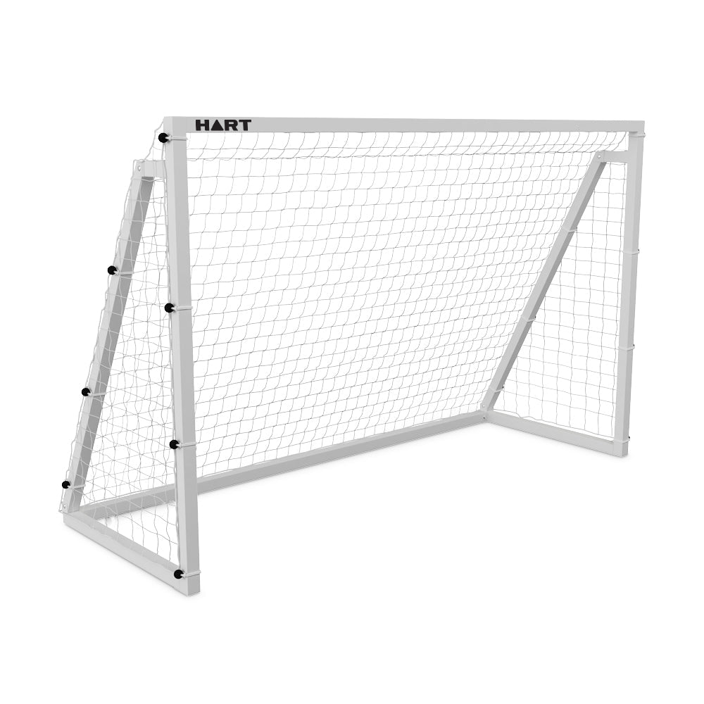 HART 3m x 2m aluminum folding futsal soccer goal with sturdy frame and net for outdoor and indoor play.