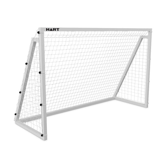 HART 3m x 2m aluminum folding futsal soccer goal with sturdy frame and net for outdoor and indoor play.