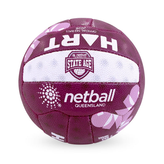 HART Netball QLD State Aged Match Ball, orange and white netball with HART branding, designed for official matches and training.