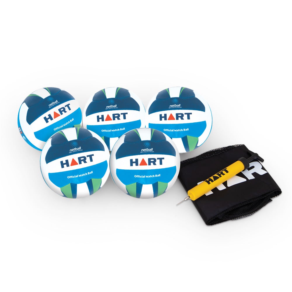 HART Netball NSW Premier League Ball Pack with two official-sized netballs featuring HART branding and vibrant orange and white design.