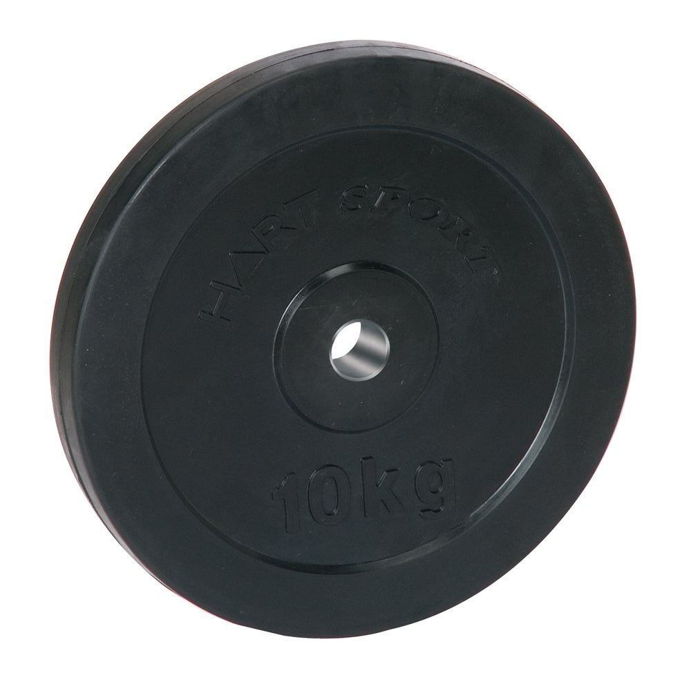 Six HART rubber-coated regular weight plates stacked on a gym floor, showing their black rubber coating and weight markings.
