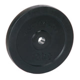 Six HART rubber-coated regular weight plates stacked on a gym floor, showing their black rubber coating and weight markings.