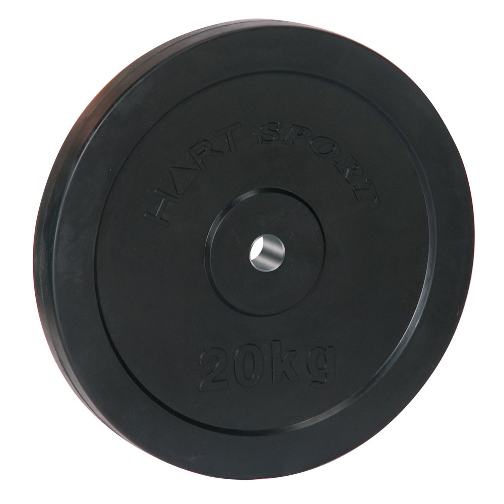 Set of HART rubber coated regular weight plates for weightlifting, shown stacked on a gym floor.