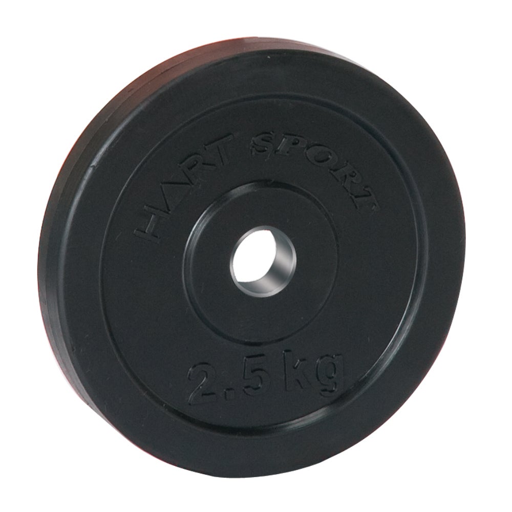 HART rubber coated regular weightlifting plates stacked on a gym floor, showing black rubber coating and metal core.