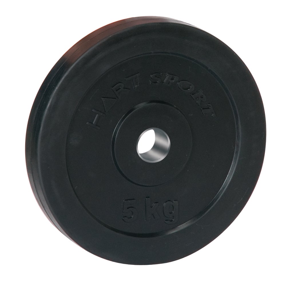 Set of HART rubber coated regular weightlifting plates in black with metal center holes, designed for strength training.