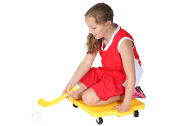 Yellow NYDA plastic scooter board with four wheels and handle, designed for children to ride and glide smoothly.