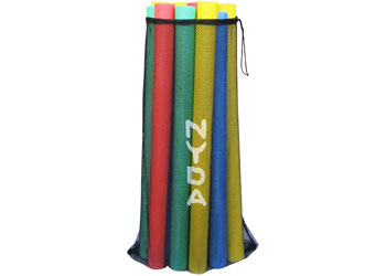NYDA Pool Noodle Bag showing multiple colorful foam pool noodles stored inside, ideal for pool accessories storage.