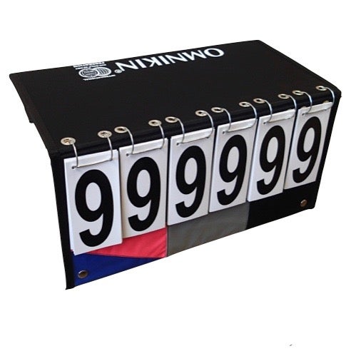 HART OMNIKIN manual scoreboard with fabric background, displaying scorekeeping for sports or events.