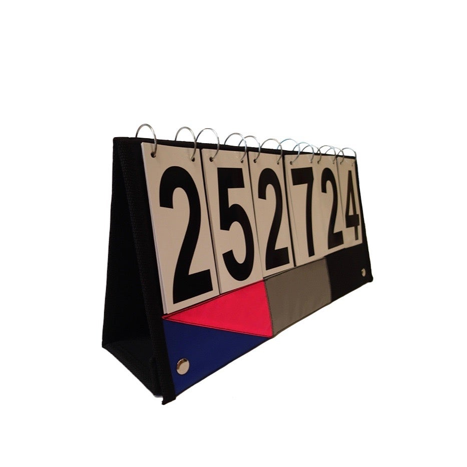 HART OMNIKIN manual scoreboard with fabric background, displaying scorekeeping for sports events.