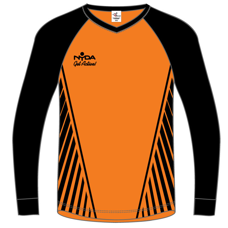 Orange and black NYDA Xplode Goal shirt in size large, featuring bold graphic design and athletic fit.