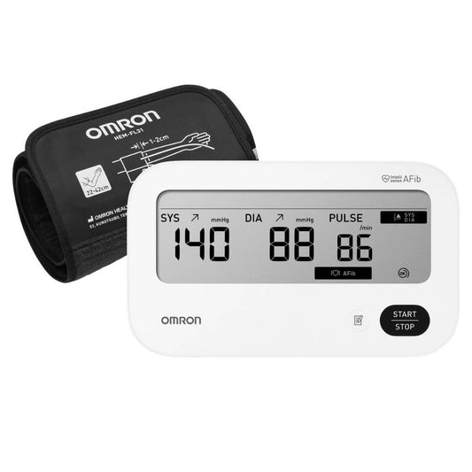 Omron 7156 Auto Blood Pressure Monitor by HART with cuff and digital display on a white background.