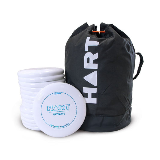 HART Sport Youth Level Ultimate Disc Pack with 145g hard frisbees, featuring four durable plastic discs for ultimate frisbee play.