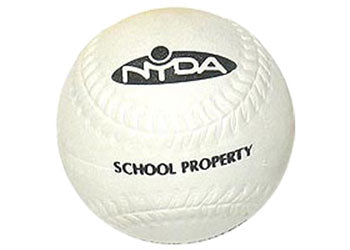 NYDA 11-inch rubber T-ball or softball showing a close-up of its smooth, red surface and soft rubber texture.