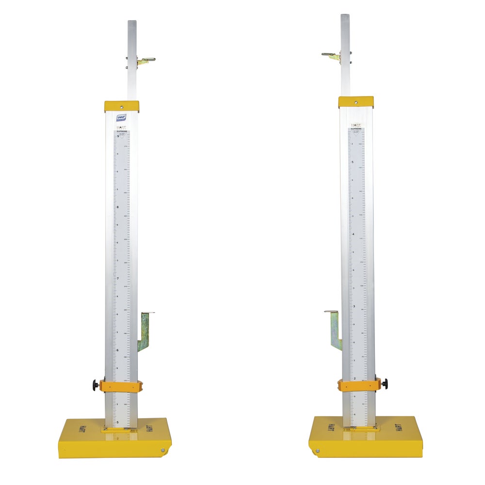 HART International High Jump Stands for athletics, adjustable metal stands with padding for high jump competitions.