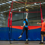 HART Sport volleyball practice station with adjustable stand and net for training and drills in volleyball practice sessions.