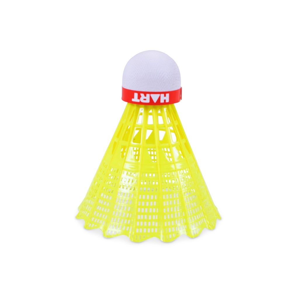 Yellow HART Smash Shuttles for badminton, fast speed, durable design, shown in a close-up image.