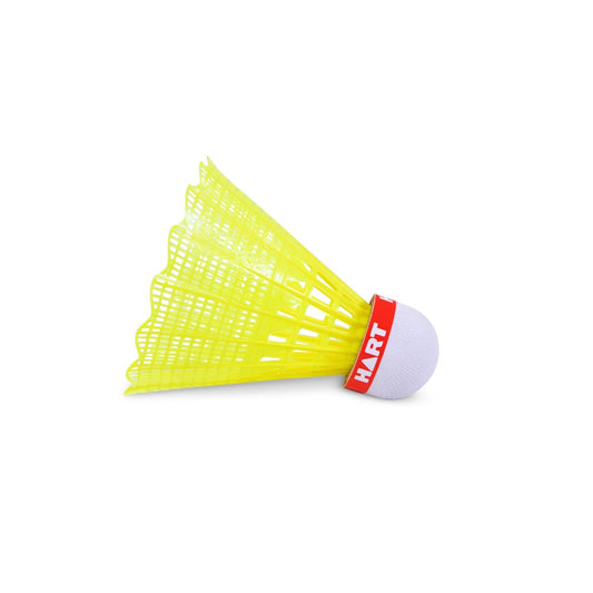 Yellow HART Smash Shuttles for badminton, fast speed, with a close-up of the shuttlecock on a white background.