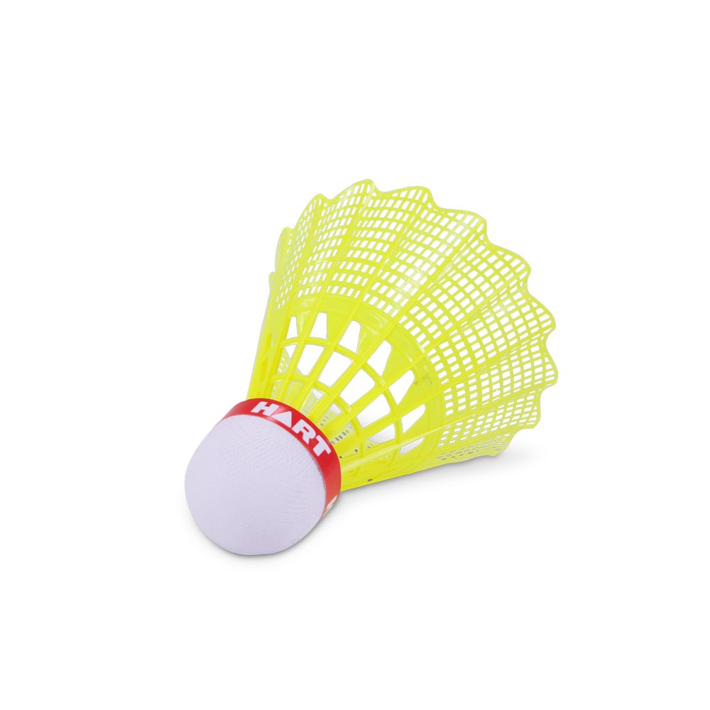 Yellow HART Smash Shuttles for badminton, fast speed, lightweight design, shown on a court ready for play.