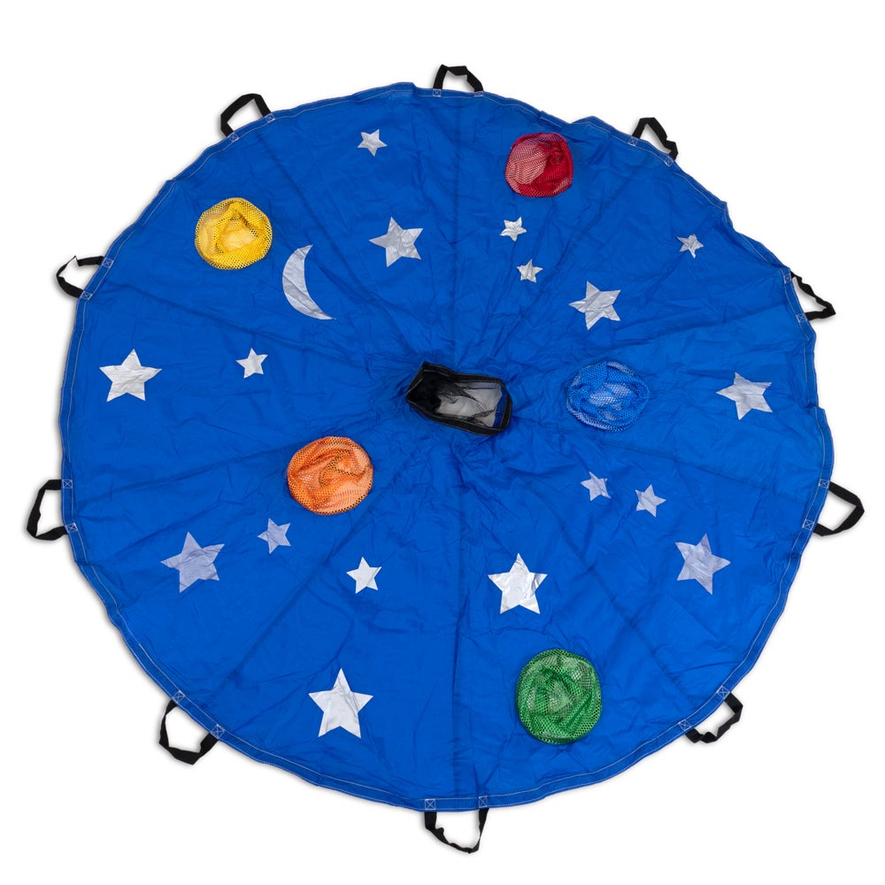 HART Sport Night Sky Parachute with Pockets, 1.8m, featuring bright colors and fabric pockets for outdoor play and outdoor activities.