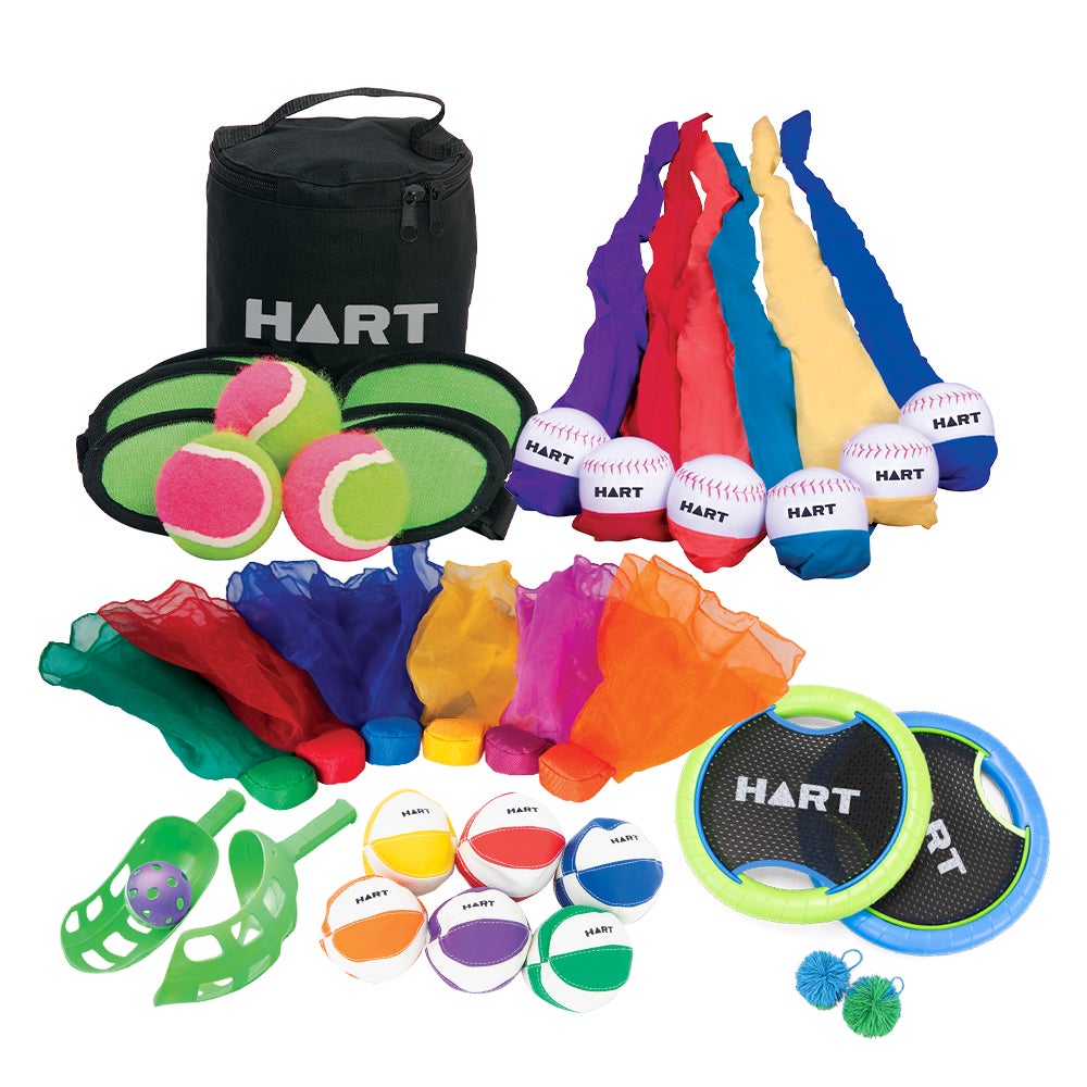 HART Catch and Throw Kit with a bright orange ball and two handles for outdoor fun and active play.
