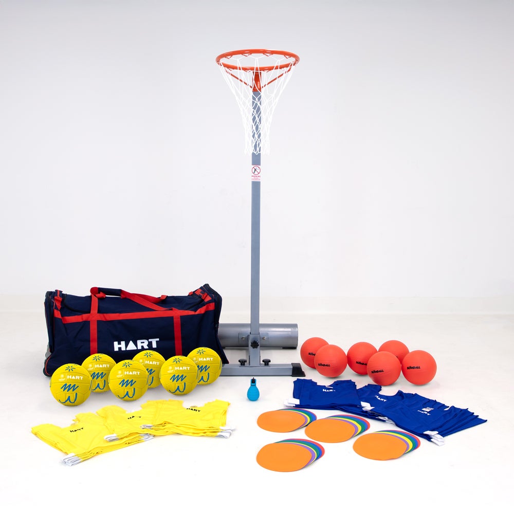 HART Netball Schools F2 Starter Pack with netball accessories, including training gear and equipment for beginners.