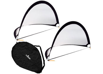 Pair of NYDA Pop Up Goals measuring 1.8 x 1 meter, lightweight portable soccer goals for quick setup and outdoor play.