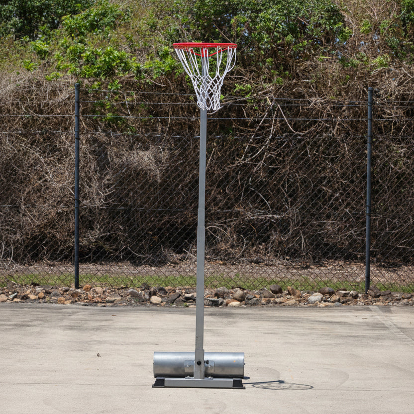 HART Sport portable netball stand with adjustable height netball posts and sturdy frame for outdoor or indoor use.