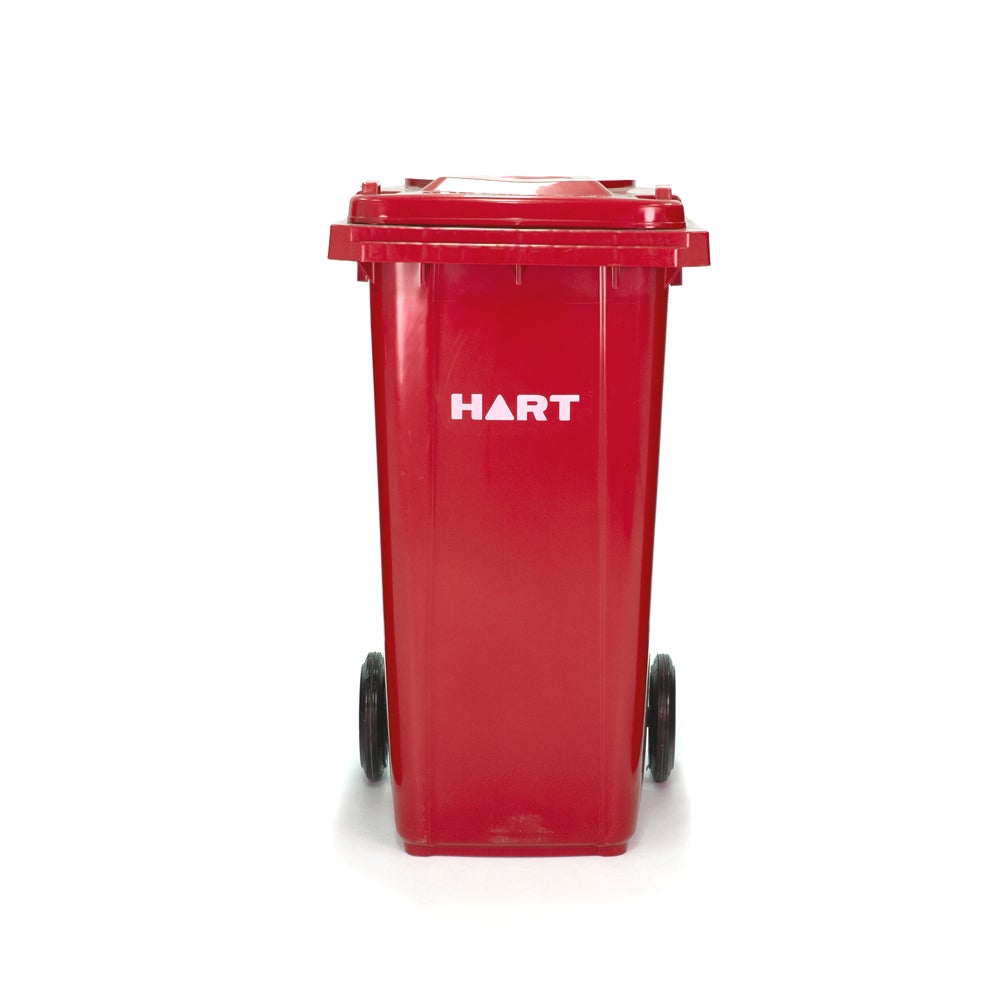 HART wheelie bin with black lid and blue body, positioned outdoors on a paved surface.