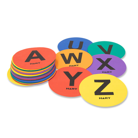 Set of 26 HART Sport marking spot discs with alphabet letters used as ground markers for sports and training activities.