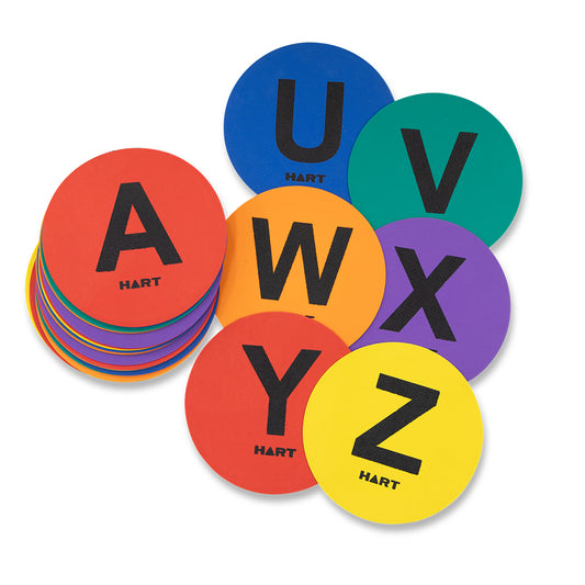 Set of 26 HART Sport marking spot discs with alphabet letters for ground marking and sports training drills.