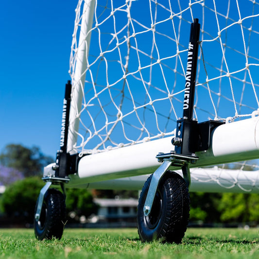 Set of four HART Sport Goal Wheels 360 Degree soccer accessories with durable wheels for easy goalpost movement.