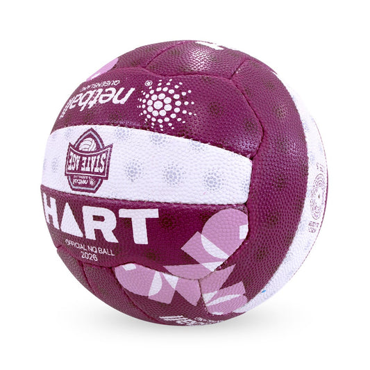 HART Netball QLD State Aged Match Ball showing the orange and white netball with branding and textured surface.