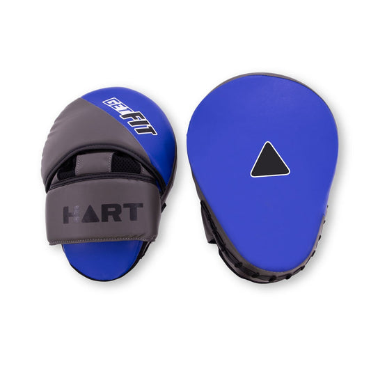 Pair of HART Get Fit Focus Pads for boxing or martial arts training, black with red accents, held in a trainer's hands.