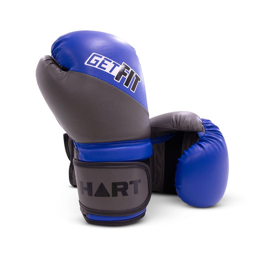 HART Get Fit boxing gloves in black with white accents, padded wrist support, designed for training and boxing workouts.