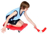 Red NYDA plastic scooter board with four wheels and a sturdy handle for children to ride and play outdoors.