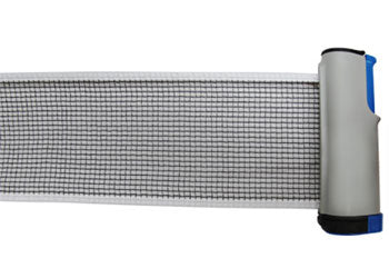 NYDA retractable table tennis net stretched across a ping pong table, ready for gameplay. Durable and easy to install.