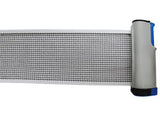 NYDA retractable table tennis net stretched across a ping pong table, ready for gameplay. Durable and easy to install.
