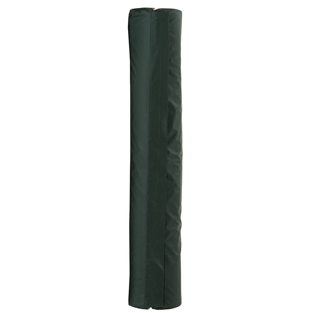 Dark green adjustable post protector pad by HART, designed to shield posts, shown wrapped around a wooden post.