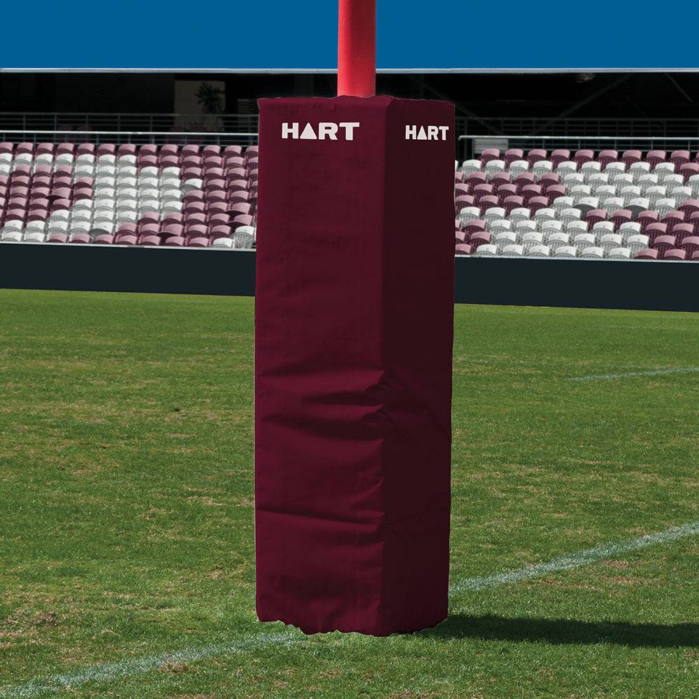 Set of four HART square rugby post pads, 50cm tall, white foam protectors for rugby goalposts.