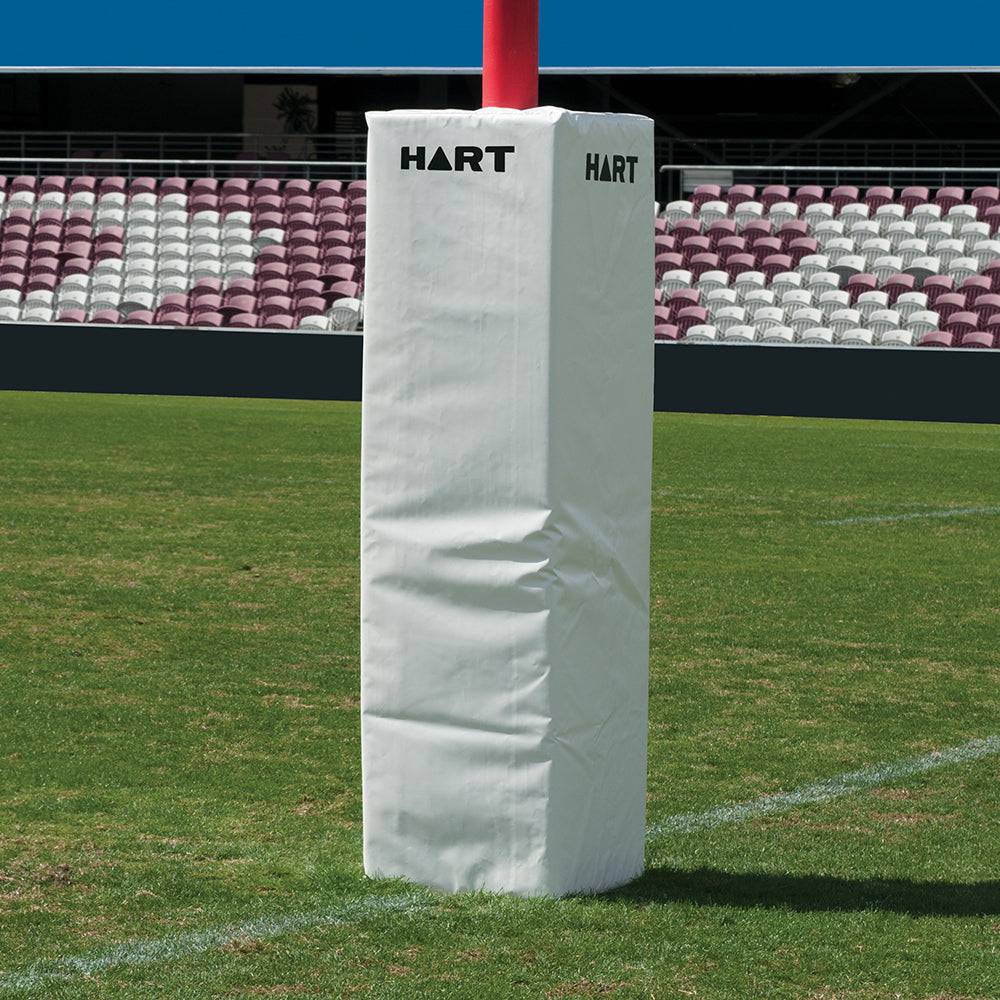 Set of four white HART 50cm square rugby post pads, designed for safety and visibility on the field.