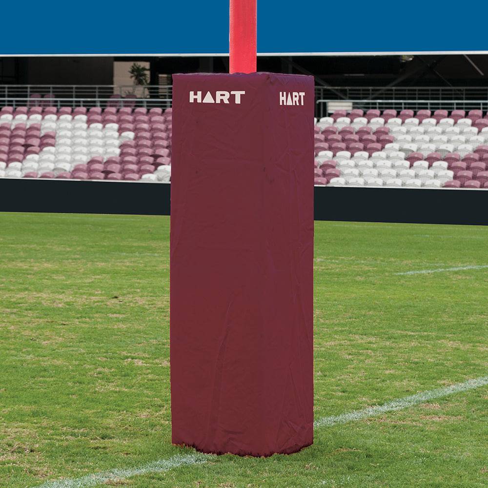 Set of four white HART square rugby post pads, 50cm protective cushioning for rugby goalposts.