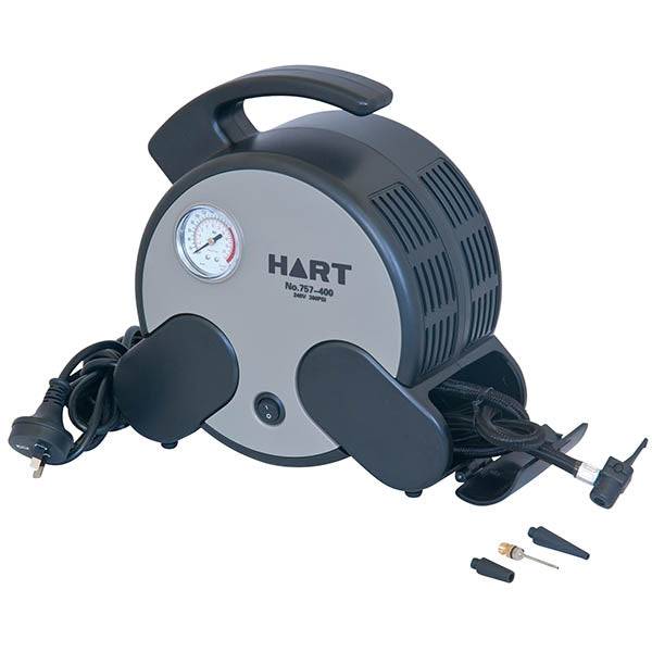 HART air compressor used for ball inflation, showing a compact device with a hose and pressure gauge for easy inflation tasks.