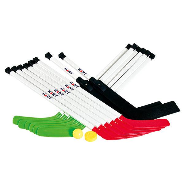 Blue and yellow HART street hockey sticks with matching puck and ball set, designed for outdoor street hockey play.