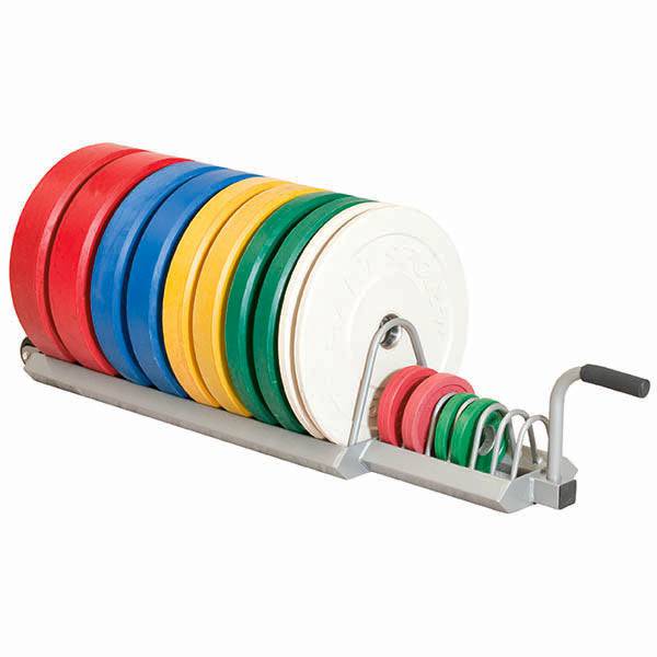 HART bumper plate set with rack for weightlifting, includes multiple rubber plates and a sturdy storage rack for gym use.