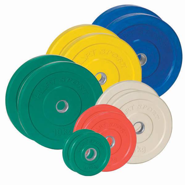 Set of HART bumper plates in the starter pack, durable rubber weight plates for strength training and weightlifting workouts.