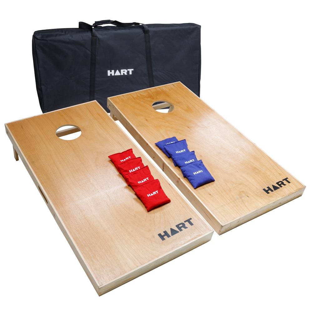 HART Cornhole game set with two wooden boards and bean bags, designed for outdoor lawn play.