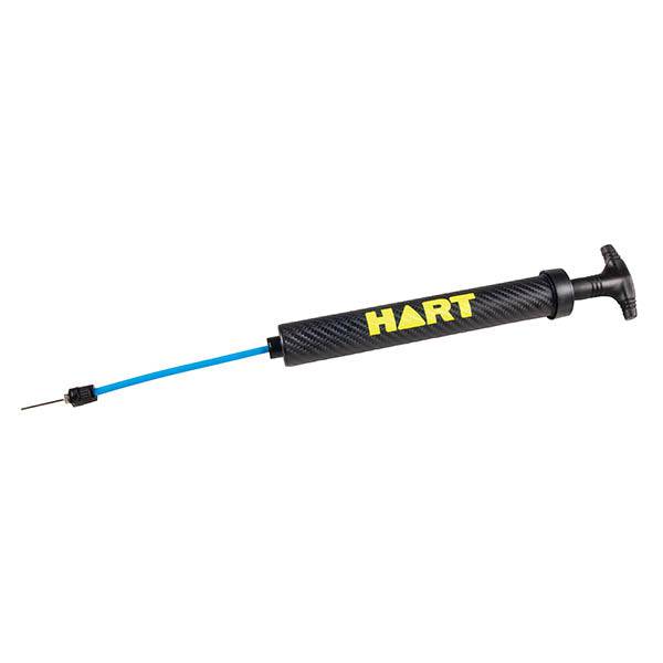 HART dual action pump with retractable hose for inflating tires and inflatables, black and blue plastic construction.