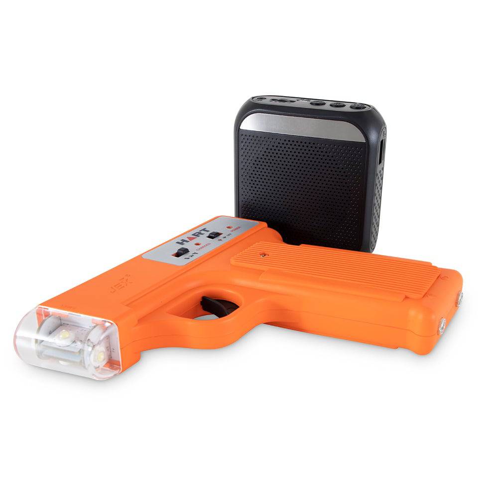 HART electronic pistol set with rechargeable waistband amp, featuring a compact pistol and portable audio device.